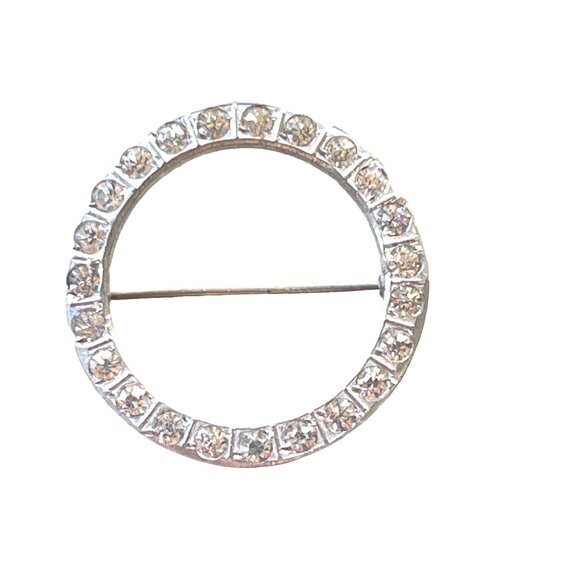 Vintage Crystal Rhinestone Circle Brooch Pin Pot Metal - Picture 1 of 5